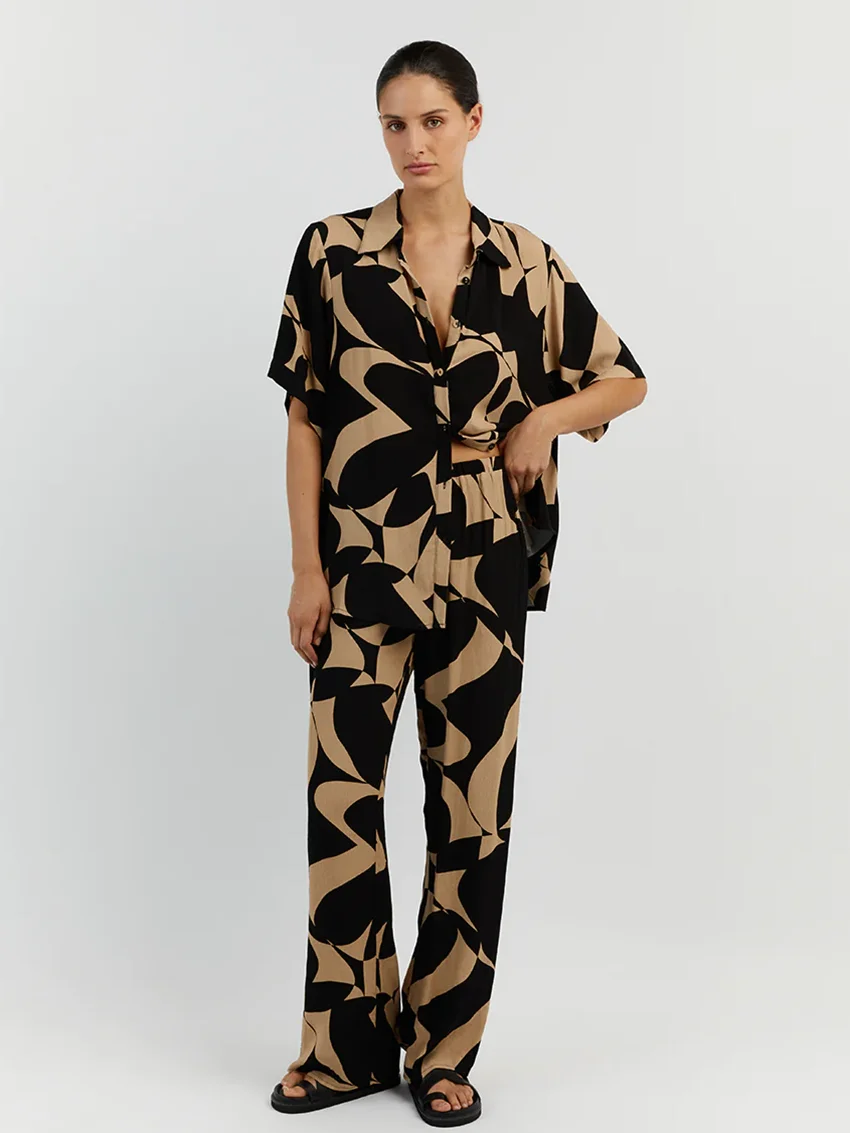 Marthaqiqi Printing Women Nightgowns Suit Turn-Down Collar Sleepwear Half Sleeve Nightwear Pants Loose Ladies Pajama 2 Piece Set