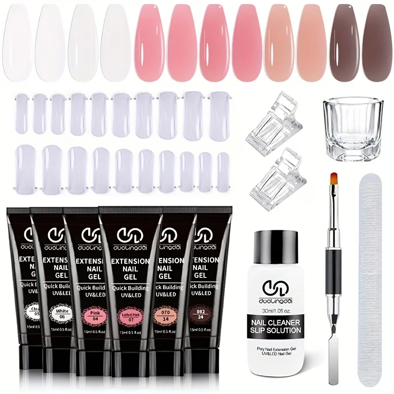 Poly Gel Nail Extension Kit with White, Pink, and Brown Colors - Includes 30ml Synovate, 20 Nail Plates, and Accessories