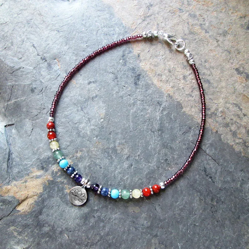 Anklet Chakra Gemstone Lotus Charm 7 Chakra Yoga Ankle Bracelet