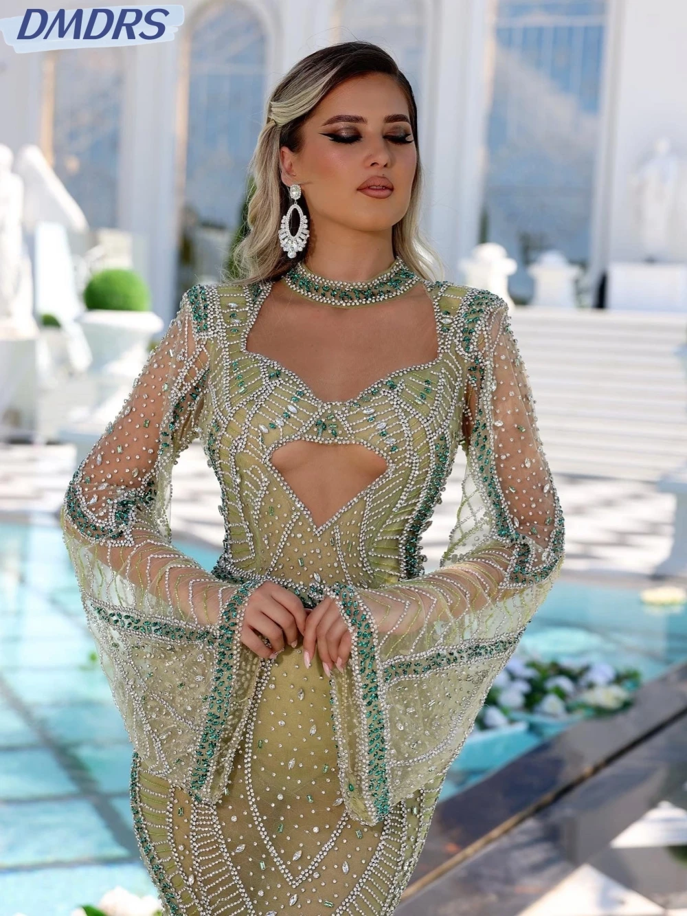 

Sexy Illusion Cocktail Dresses Sparkly Beads Crystal Evening Dress Luxury Dubai Mermaid Long Prom Gown Robe De Mariée