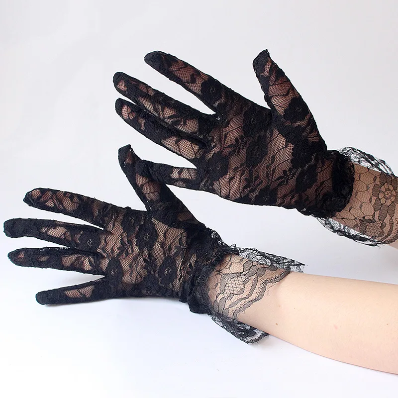 New Lace Full Finger Party Short Gloves For Women Girls Kids Black Solid Knitted Mittens Outdoor Dance Dress Up Bride's Gloves