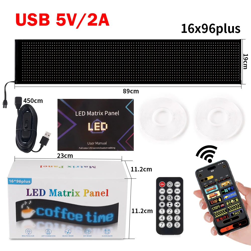 Flexibel led-displaybord, 47 x 12 cm, 2 stuks, programmeerbaar RGB- loopschrift via Bluetooth Smart app, full-colour Devil Eyes Matrix paneel, voor autostyling, bar, reclame, restaurant, winkel
