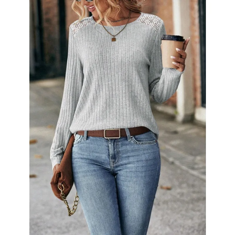 

Women's Round Neck Knitted Plus Size Tops Lace Printed Long Sleeve Fashion Loose Bottoming Shirt Casual Sweater Pullovers