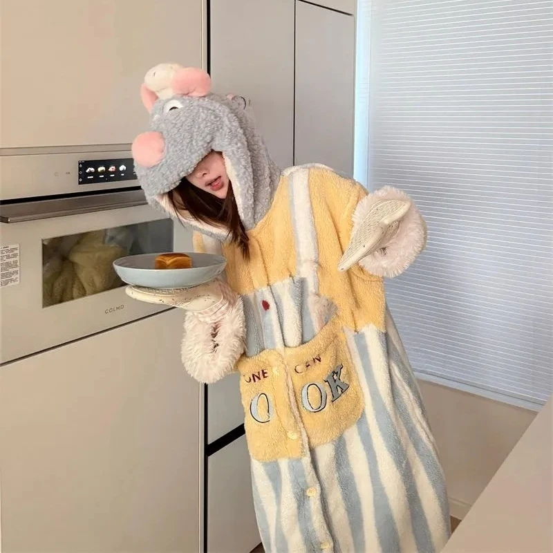 חליפת דיסני קרטון רטטויל חמודה עם פליז קורל לנשים, חליפת לילה עם כובע מעובה לסתיו וחורף