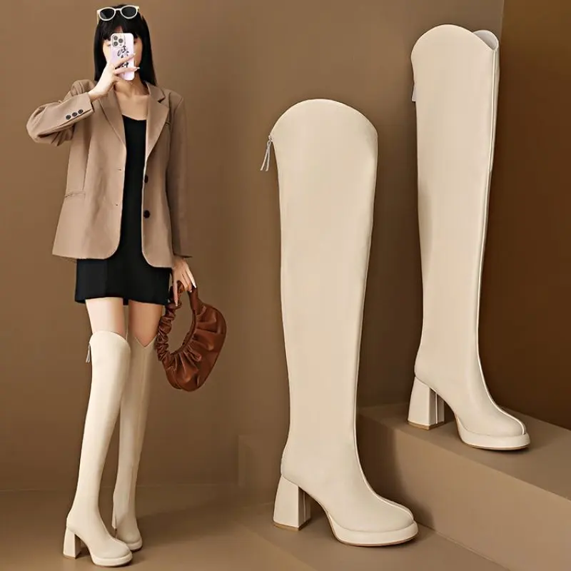 2024 Fashion Knee High Boots Women's Winter Boots New Thick High Heel Stretc Long Boots Slip On Autumn Shoes Woman Plus Size 43