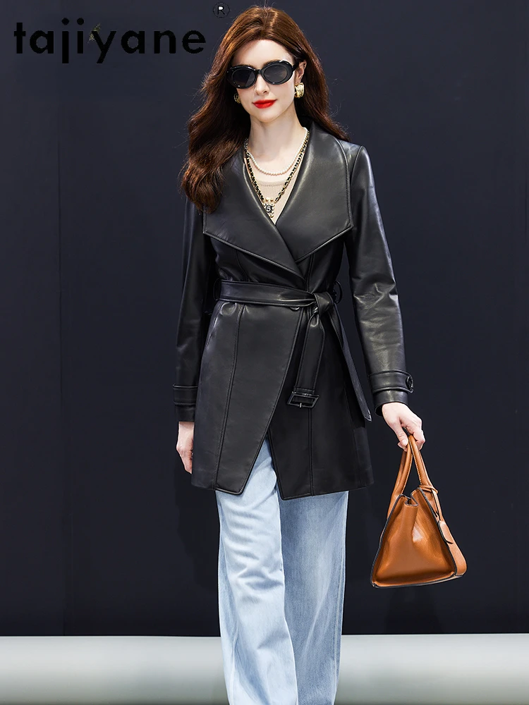 Tajiyane Natural Genuine Leather Jacket Women Mid-length Trench Coat for Woman Clothing Fashion Sheepskin Coats Lace-up 2024 2