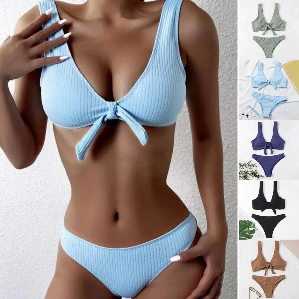 

Women Bikini Solid Color Bow Two-piece Off Shoulder Stretchy Swimwear Beachwear