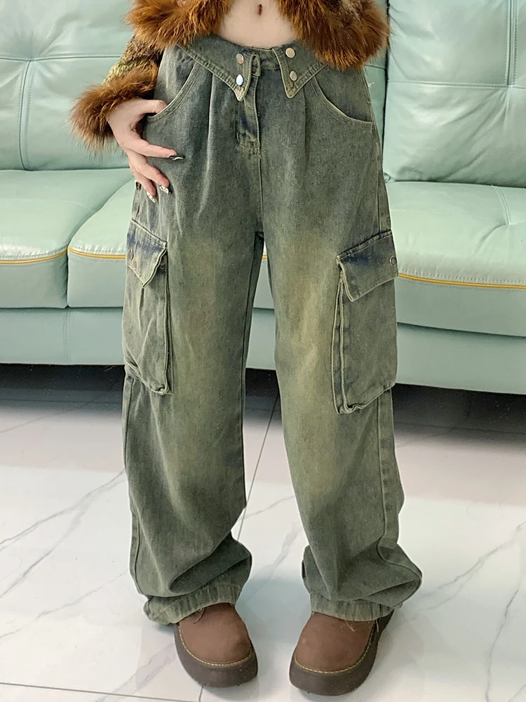 

Woman High Waist Straight Leg Denim Stacked Cargo Pants Female Slacks Blue Washed Painted Wide Leg Denim Safari Style Trousers