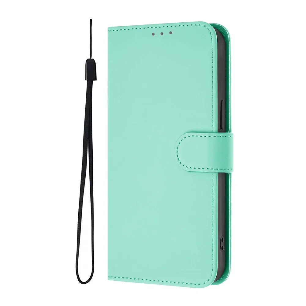 Elegant Solid Color Wallet Case with Kickstand, Card Holder, and Strap Phone Cover