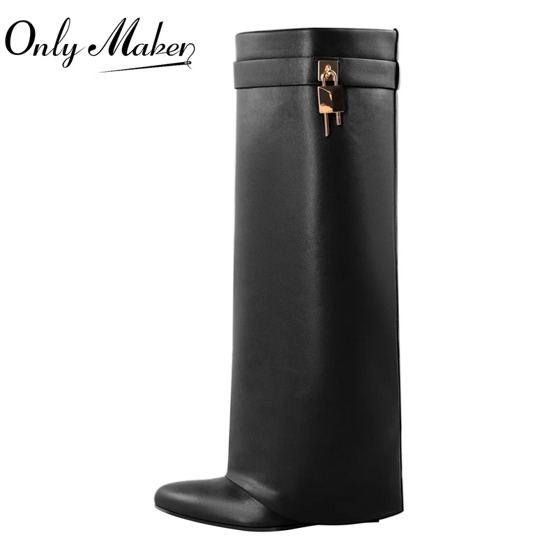 

Onlymaker Women Shark Lock Pants Boots Women Wedge Brand Fold Knee High Heel Black Red Female Boots