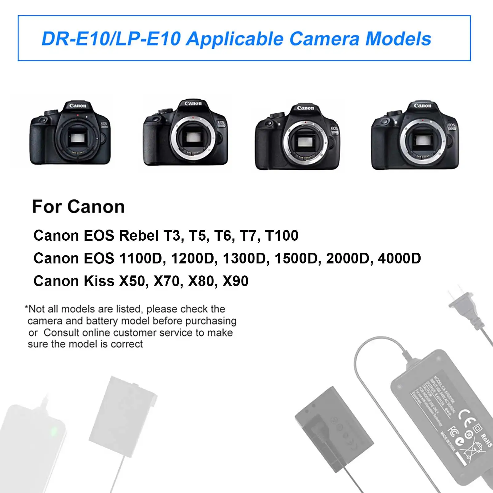 ACK-E10 AC Power Adapter LP-E10 Dummy Battery DR-E10 DC Coupler Kit for Canon Rebel T3 T5 T6 T7 1100D 1200D 1300D 1500D 2000D charger adapter,power supply adapter,battery charger adapter