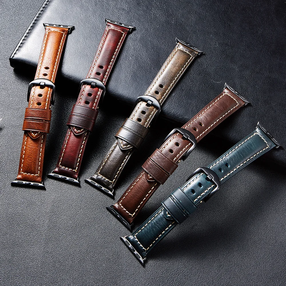 

Applicable to apple watch iwatch 7 strap for men and women, retro fashion business oil wax leather trend leather strap
