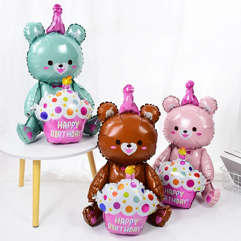 

4D Bear Foil Balloon Children Birthday Cartoon Bear Cake Balloon Happy Birthday Party Air Globos Decoration Baby Shower Supplies