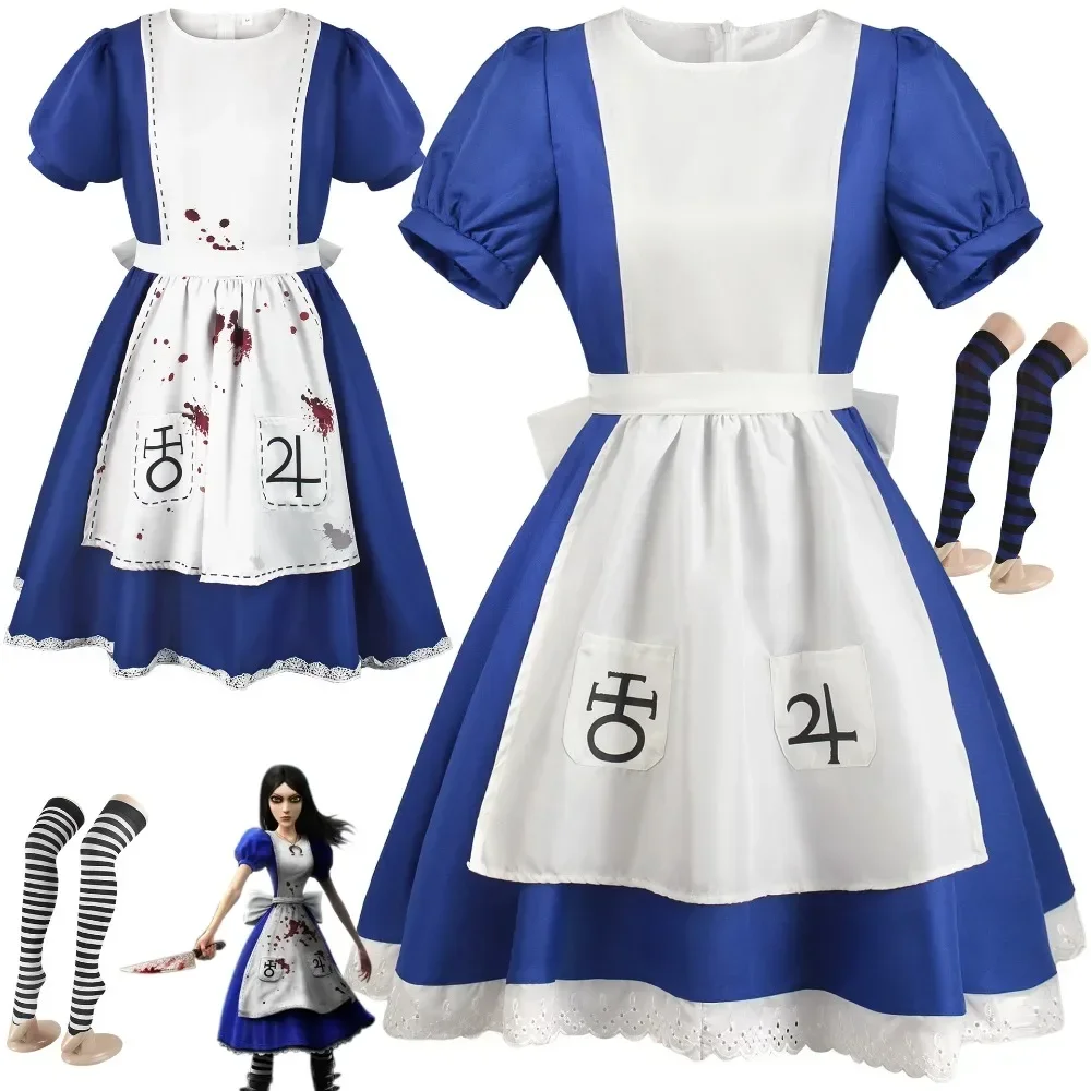 

Game Alice Madness Returns Cosplay Costume Halloween Maid Dresses Apron Dress for Women Anime Girls Carnival Dress Up Party
