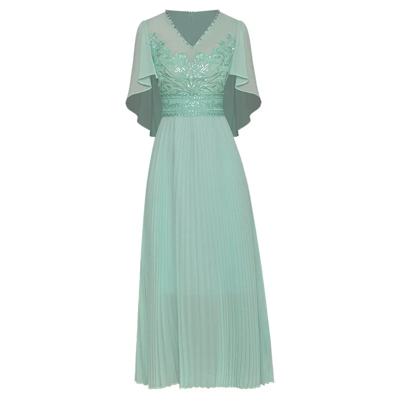 

2023 New Fashion Designer Summer Women V-Neck Butterfly Gorgeous Crystal Beading Embroidery Vacation Pleated Dresses
