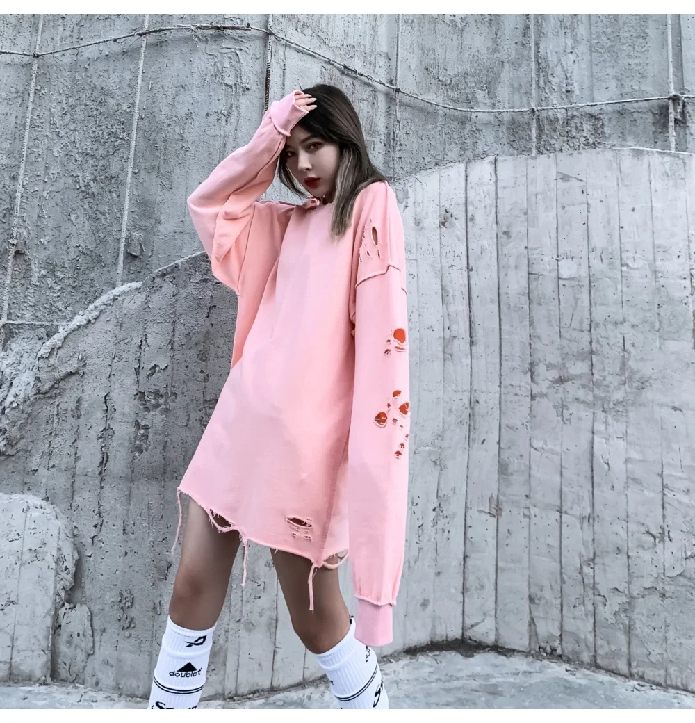 Camisolas rasgadas de manga comprida para homens e mulheres, pulôveres de ombro, streetwear com buracos rasgados, roupas grunge, sloth tops, primavera