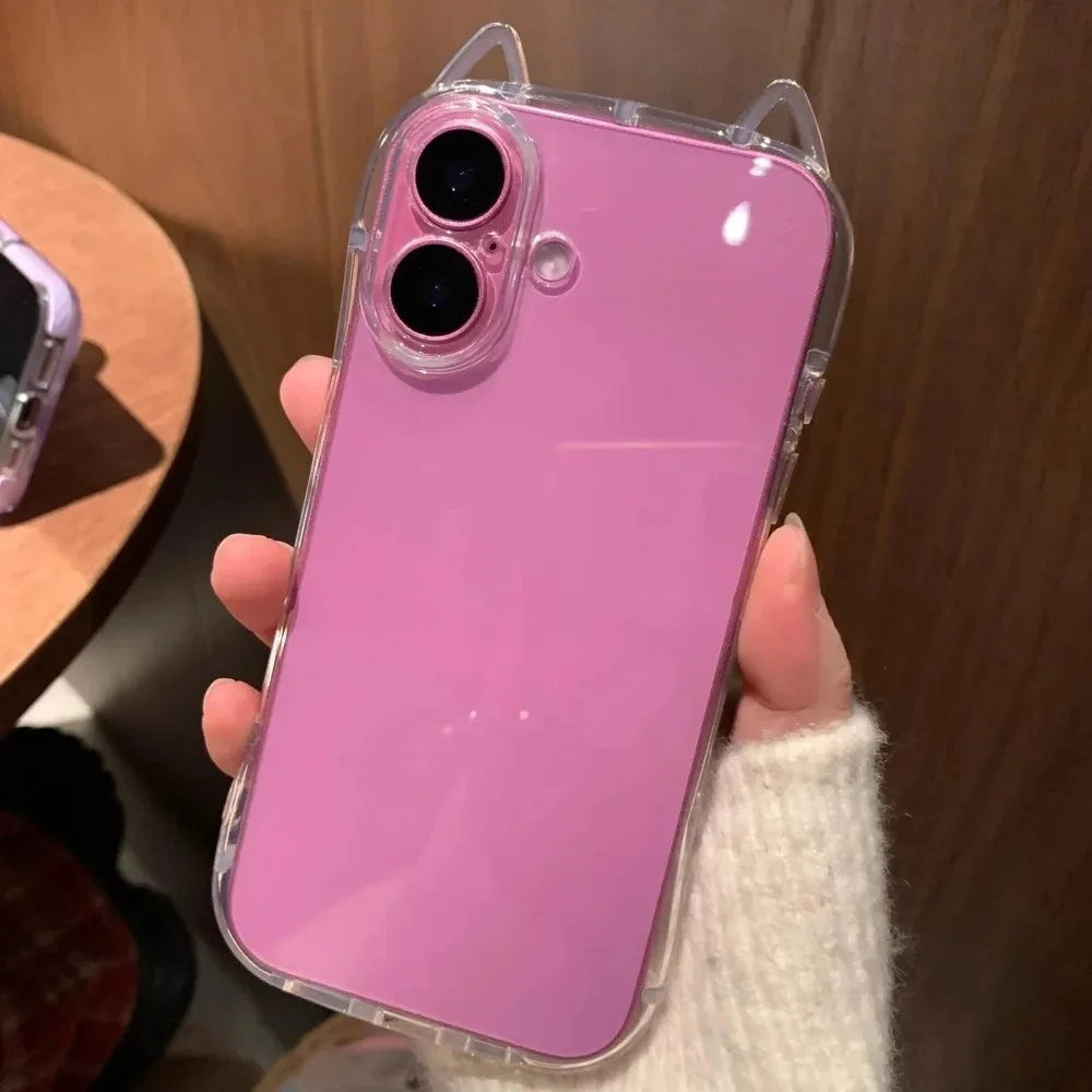 Custodia Antiurto Ibrida In Acrilico Con Orecchie Di Gatto Per IPhone 16/15/14 Pro Max – Trasparente, Rigida E Color Caramella