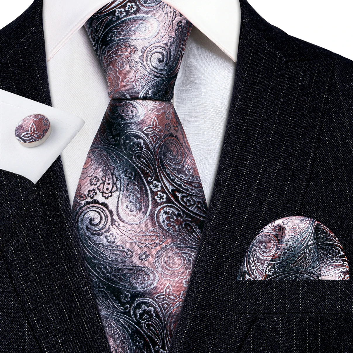 

Designer Men Tie Set Pink Black Paisley Silk Necktie Pocket Square Cufflinks Set Wedding BusinessBarry·Wang 5024