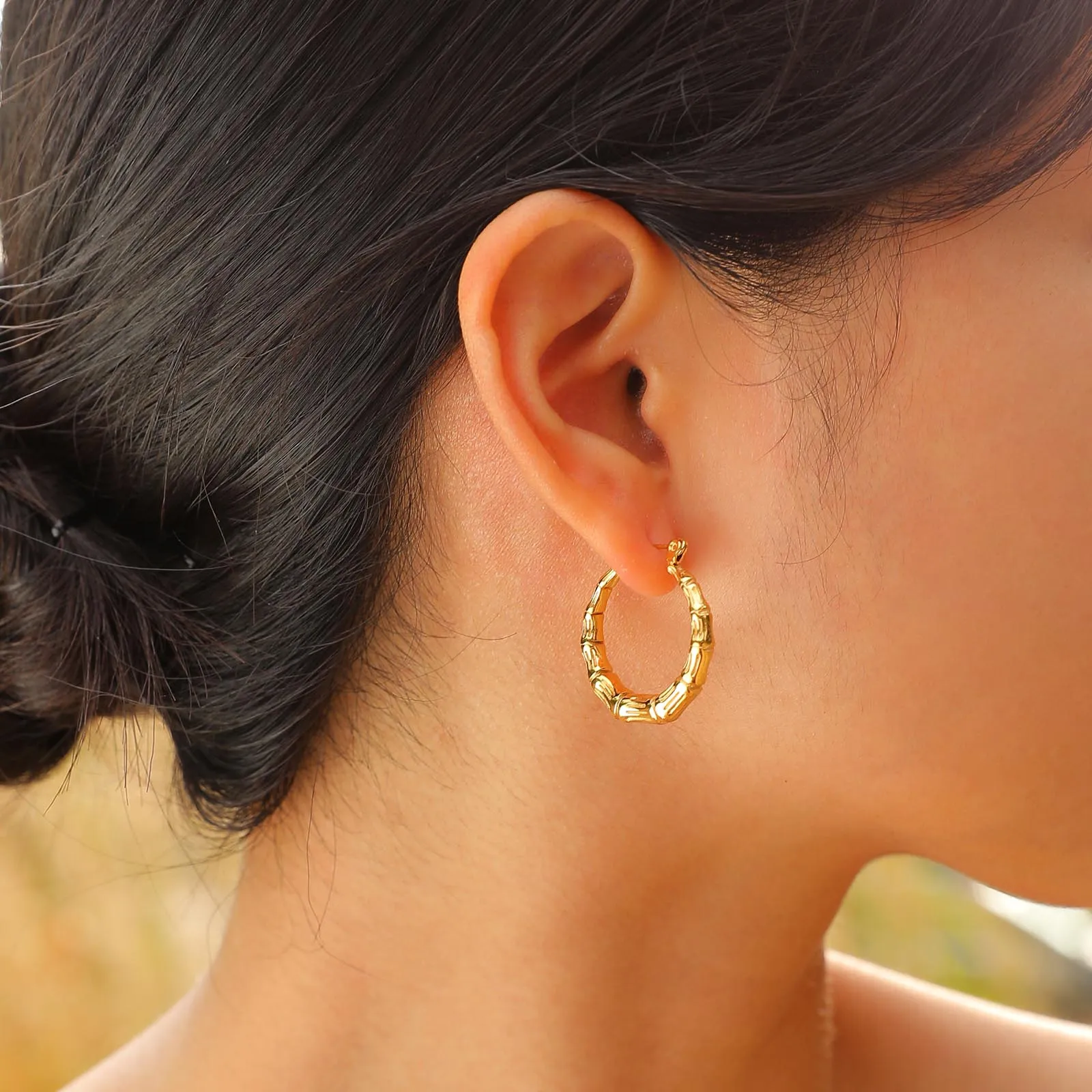 Women Chic Gold Plated Chinese Bamboo Textured Hoop Earrings