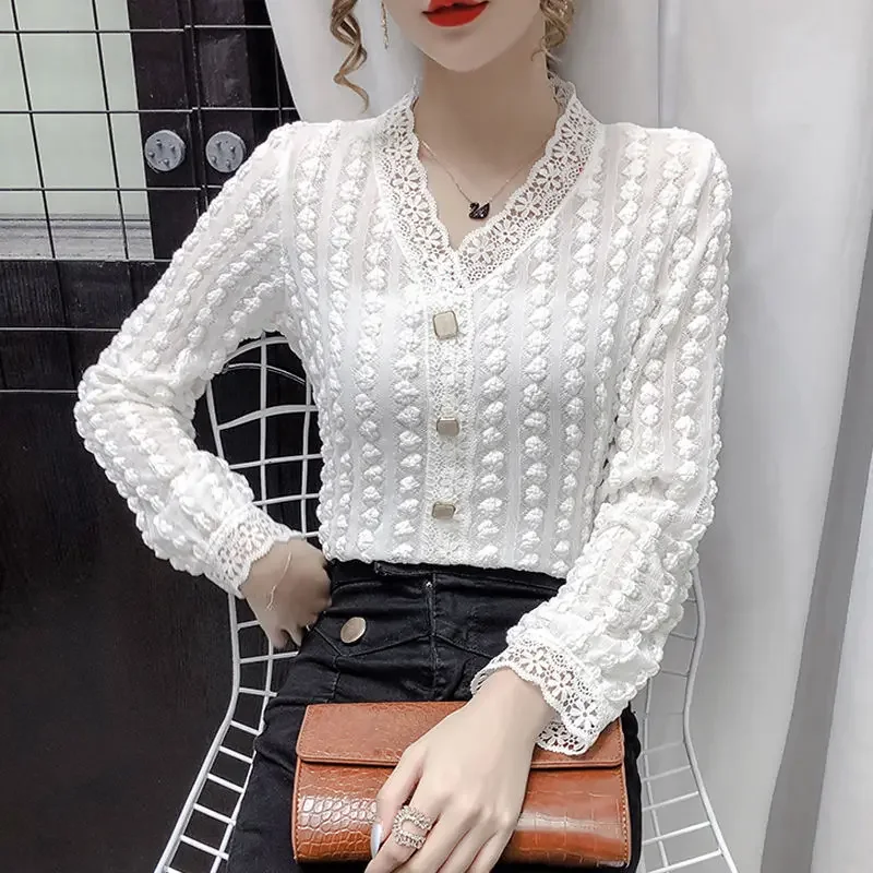 

2023 Women Lace Long Sleeve T-Shirts Spring Autumn V-collar Slim Fit Casual Pullovers Female Streetwear Base Tees Tops T367