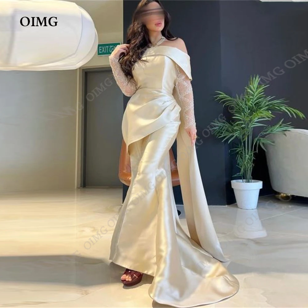 

OIMG Luxury Shiny Sleeves Wedding Dresses 2023 Satin Sequins Lon Fitted Bridal Gowns Full Sleeves Princess Trumpet Bride Dresses