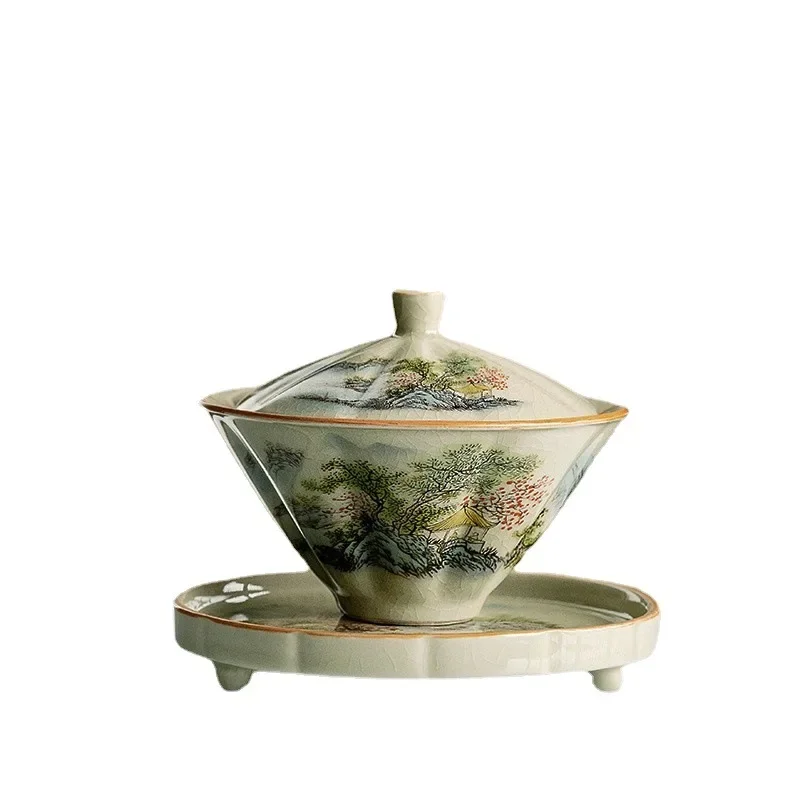 Jingdezhen-Ceramic Tea Cup with Bamboo Hat, Traditional Handmade Tea Ware, Single Bowl, Kung Fu with Lid, Sancai Gaiwan