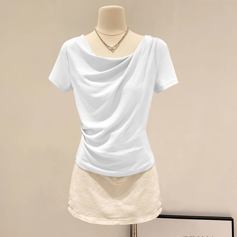 Summer Off Shoulder Top Women Summer Fashion Versatile Base Shirt Plus Size Slim Fit Short-sleeved T-shirt Casual and Sexy Beach 5