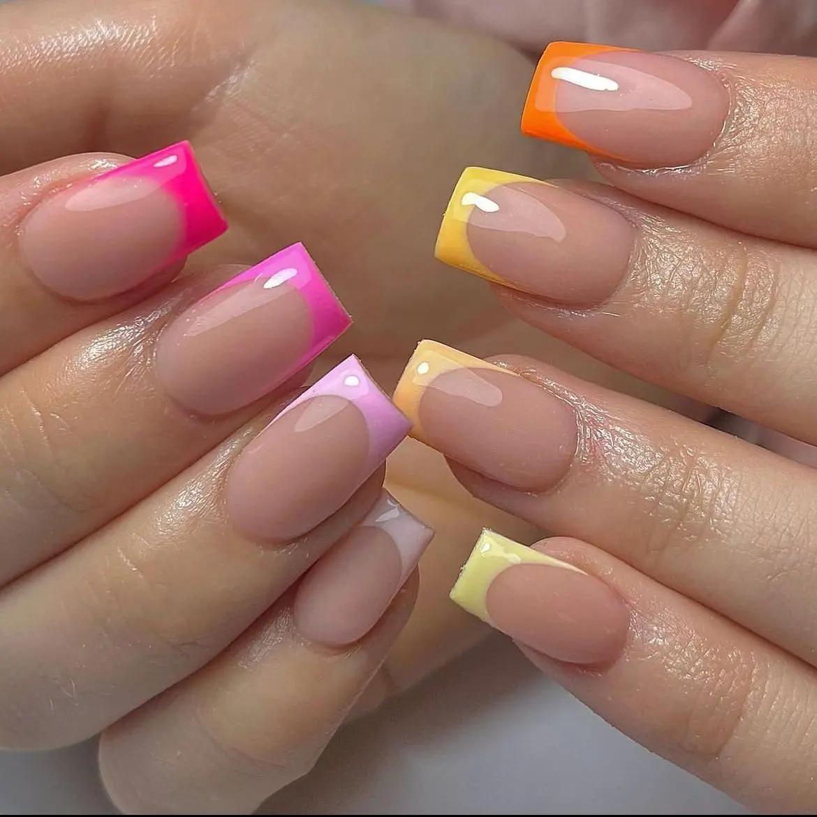 Fake Nails French Nails False Nails Spring Colorful French Fake Nail with Designs Short Square Head Press on False Nails Wearable Simple Jelly Sticks on Nails 24Pcs