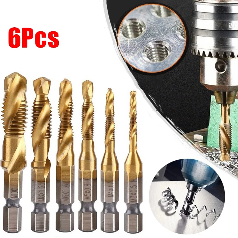 

6pcs Titanium Coated HSS Tap Drill Bits Set M3 M4 M5 M6 M8 M10 Hex Shank Screw Thread Bit Screw Machine Compound Tap