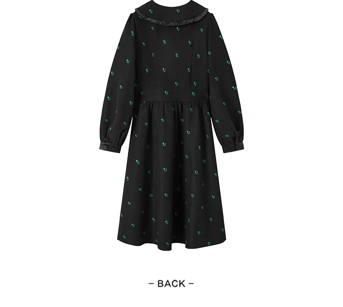 Vestido de mujer con mangas abullonadas y estampado completo, negro, de invierno, con solapa de encaje.