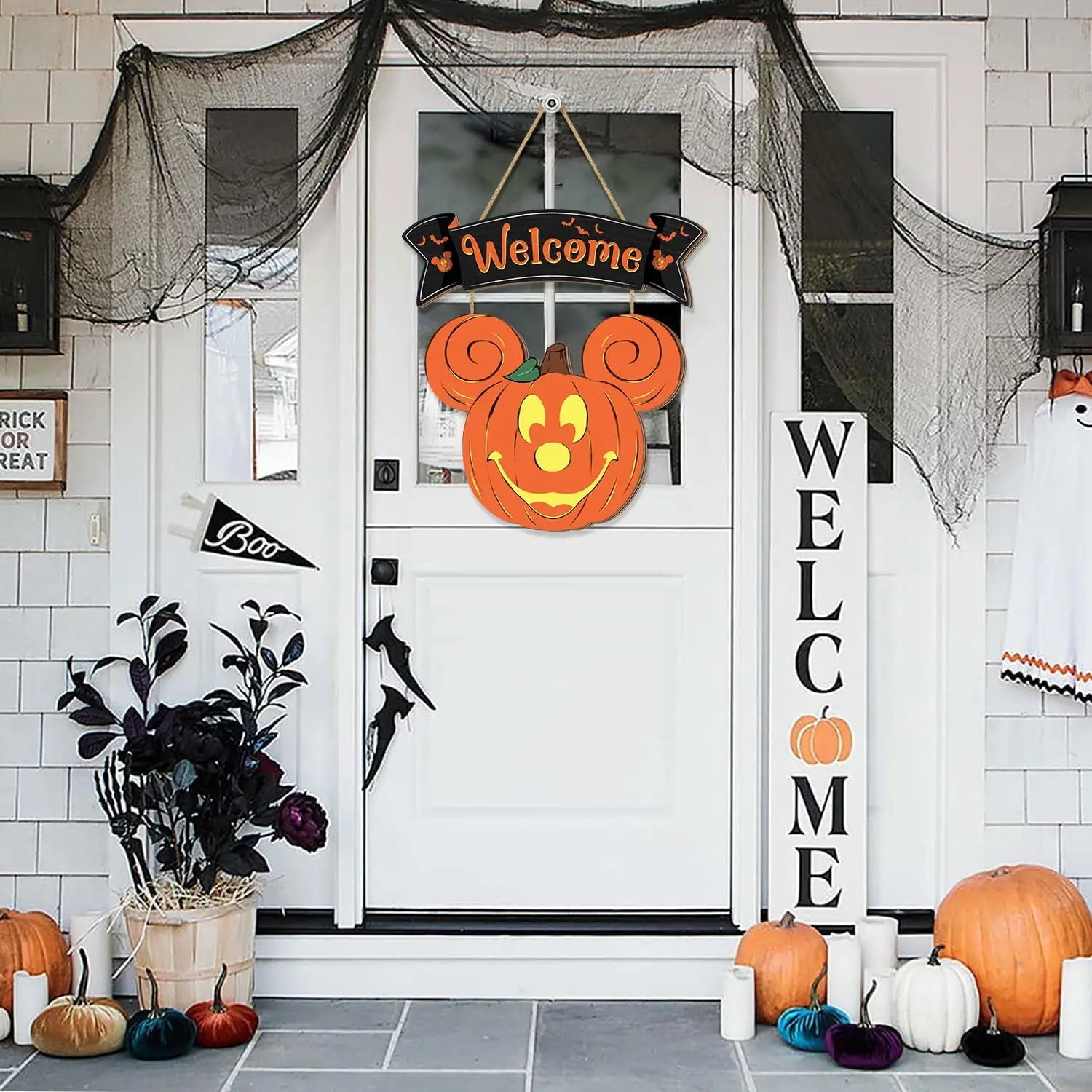 Halloween Door Decor Pumpkin Welcome Sign for Front Door Halloween Wooded Window Decoration Holiday Doorplate Horror Welcome Sign Wreath Home Decor