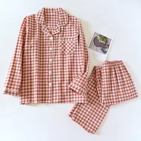 2026 New Japanese Spring and Autumn Couple Pajama Set 100% Cotton Men's and Women's Plaid Long Sleeve Two Piece Home Furnishing - Image 2