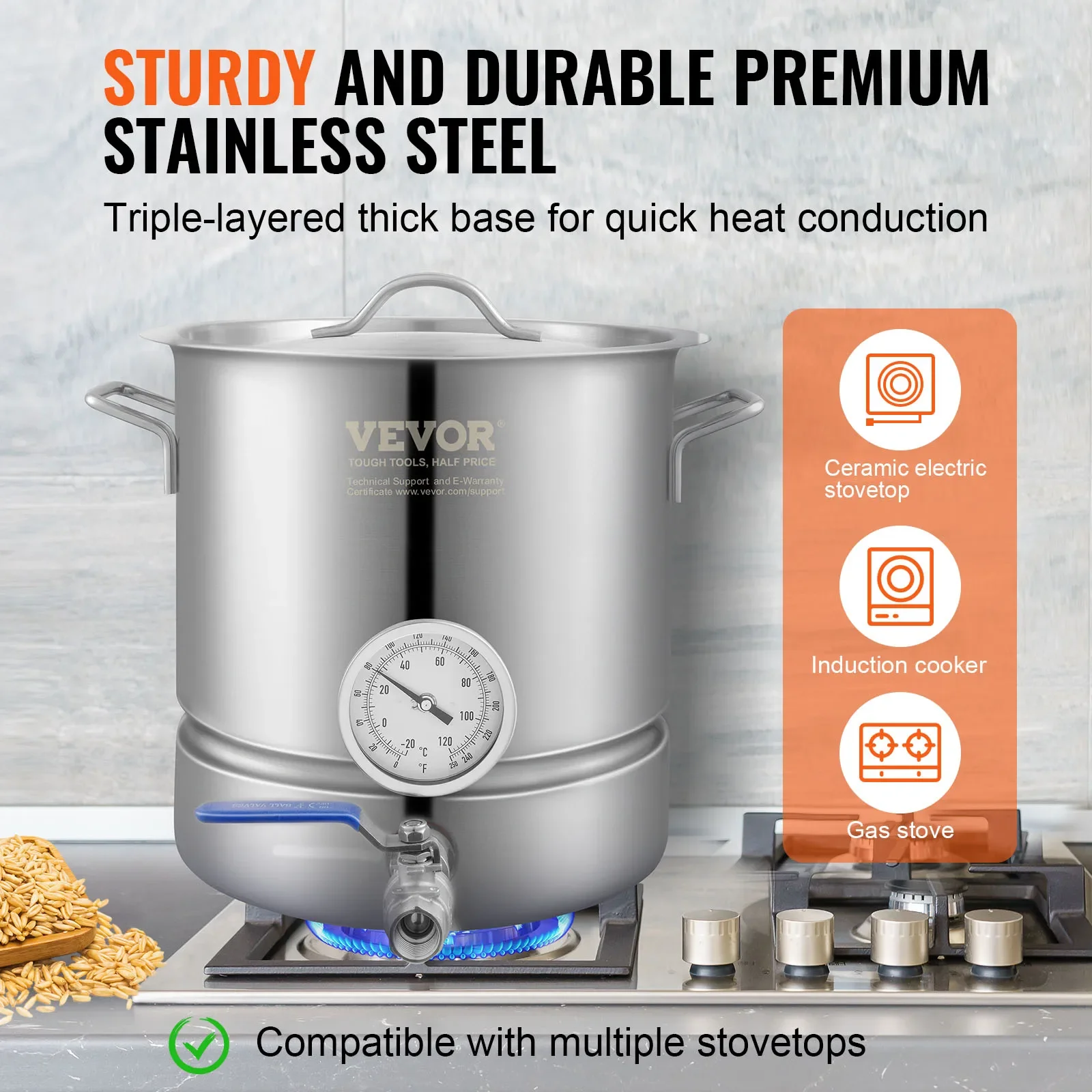 Stainless Steel Kettle Brewing Pot Tri Ply Bottom Brew Kettle Pot Home Brewing Supplies Thermometer 5Gal