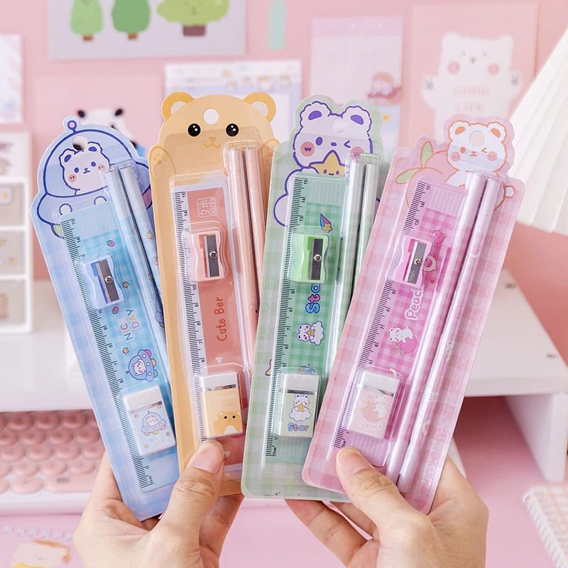 

1Set Cartoon Bear Cat Pencils Set Sharpener Eraser Ruler Cute Astronaut Christmas Series Stationery Writing Pencil For Kid Gift