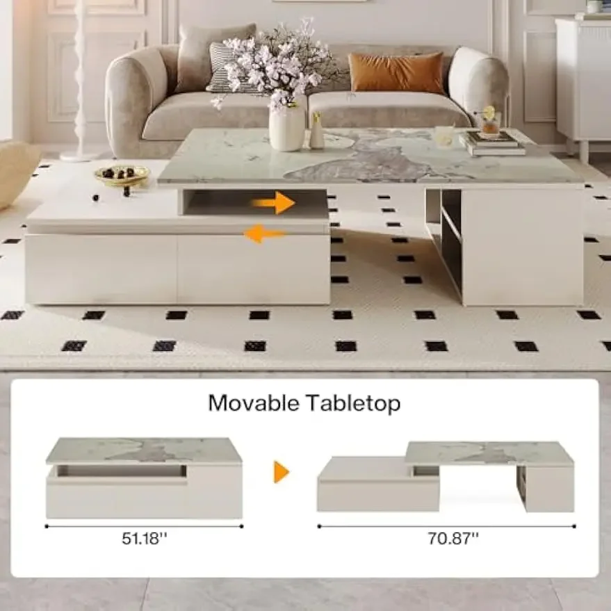 Extendable Tabletop Coffee Table , Modern from 51-Inch to 71-Inch Center Table for Living Room, Faux Marble Veneer 4
