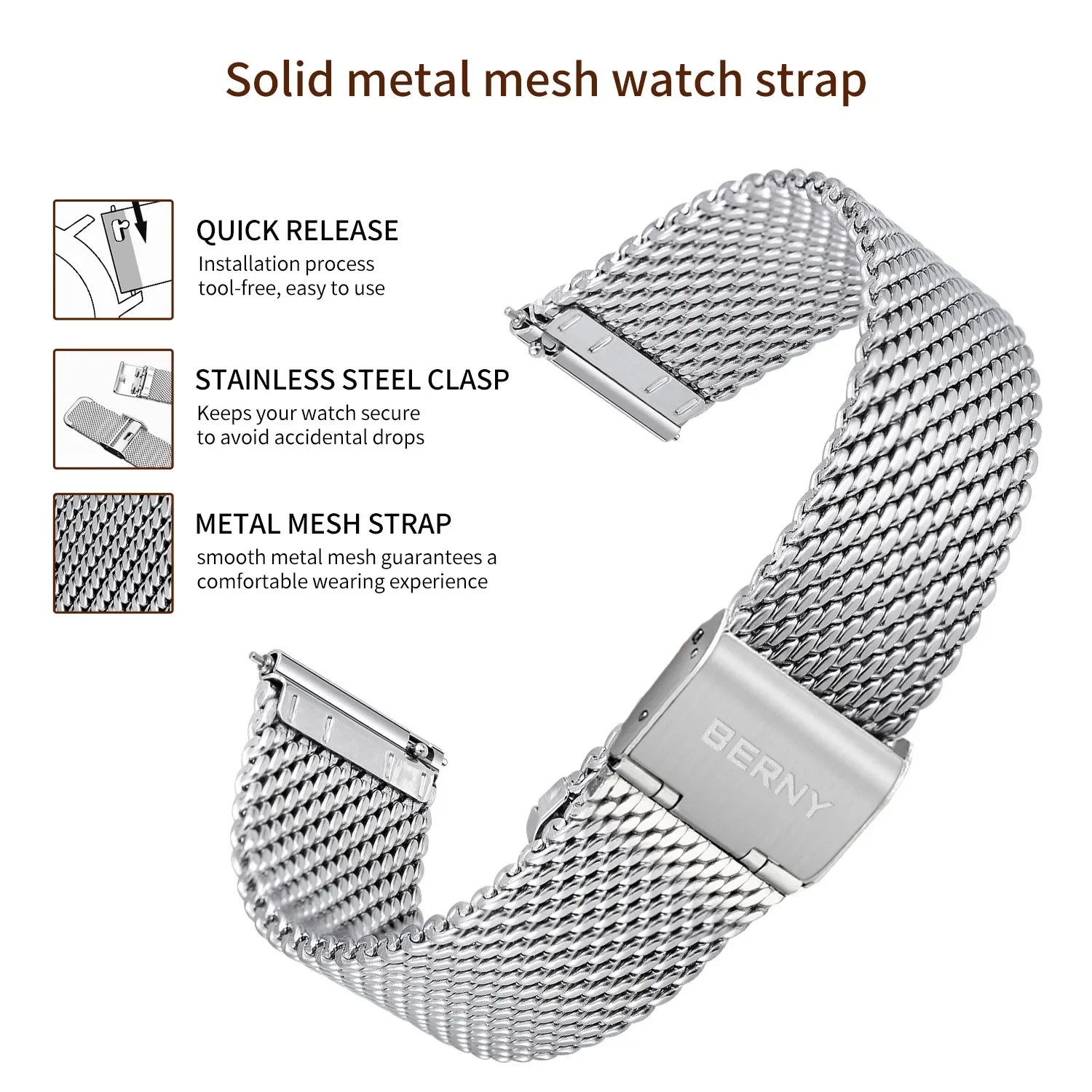 BERNY Watch Strap Stainless Steel Woven strap Easy Replace 18/20/22/24mm Woven Grain Watch Bands Skin Breathable Watch Bracelet