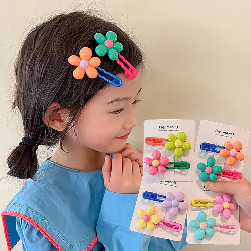 

2PCS New Children's Sweet Flower Hair Clips Broken Hair Clips No Trace Hair Accessories