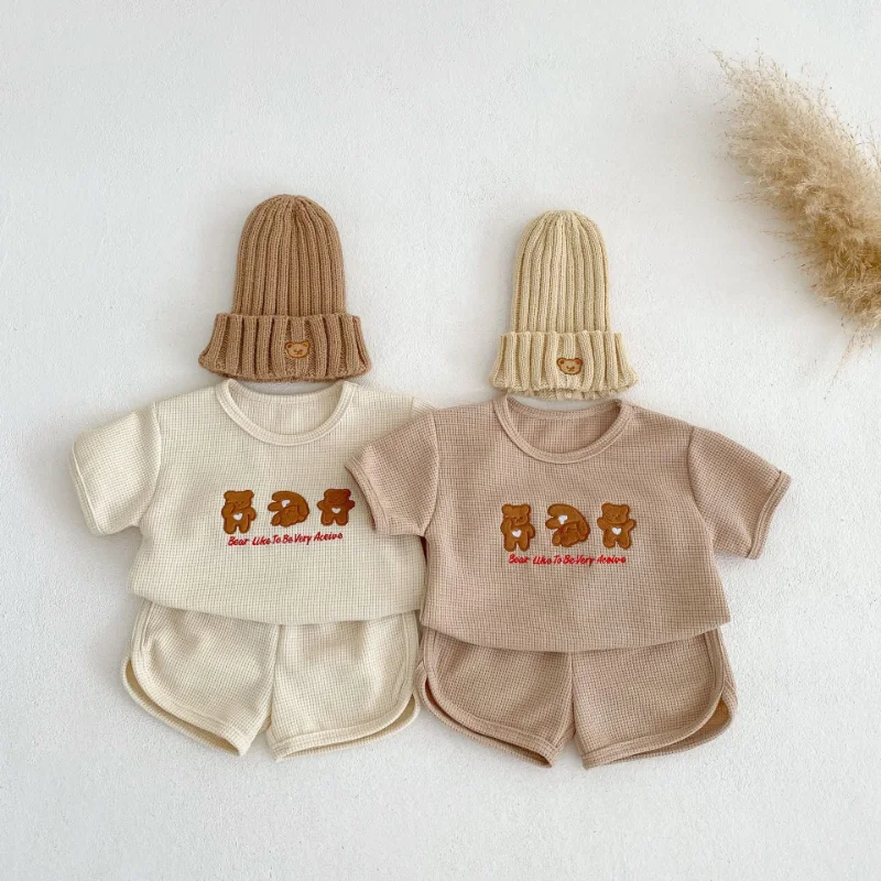 

Summer Baby Clothing Set Waffle Bears Embroidery Toddler Boys Outfit Short Sleeve Tee and Shorts 2Pcs Girls Suit