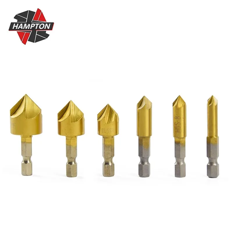 6-19mm HSS Countersink Drill Bit Set 6pcs 5 Flute Titanium Coated Chamfer Drill Bit Hex Shank 90 Degrees Wood Chamfering Cutter