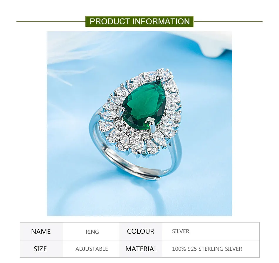 ZDADAN Verstellbarer Ring aus 925er-Sterlingsilber mit Wassertropfen und Smaragd für Damen, Modeschmuck – Detail 1