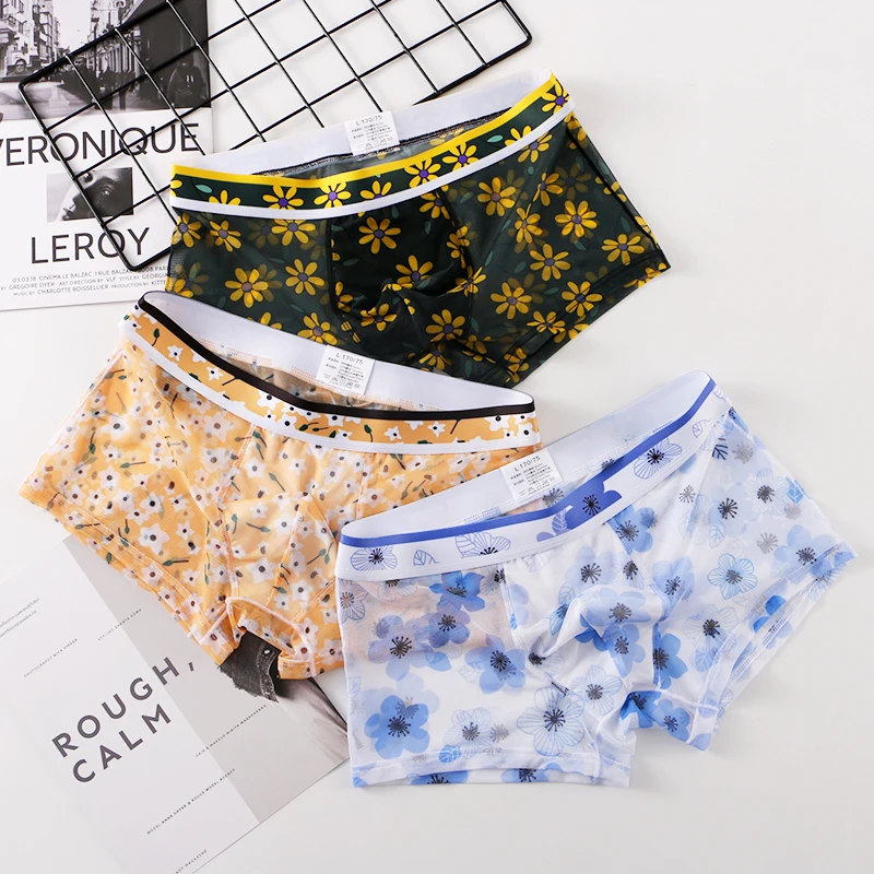 Men's Flower Pattern Print Long Boxers Briefs Shorts