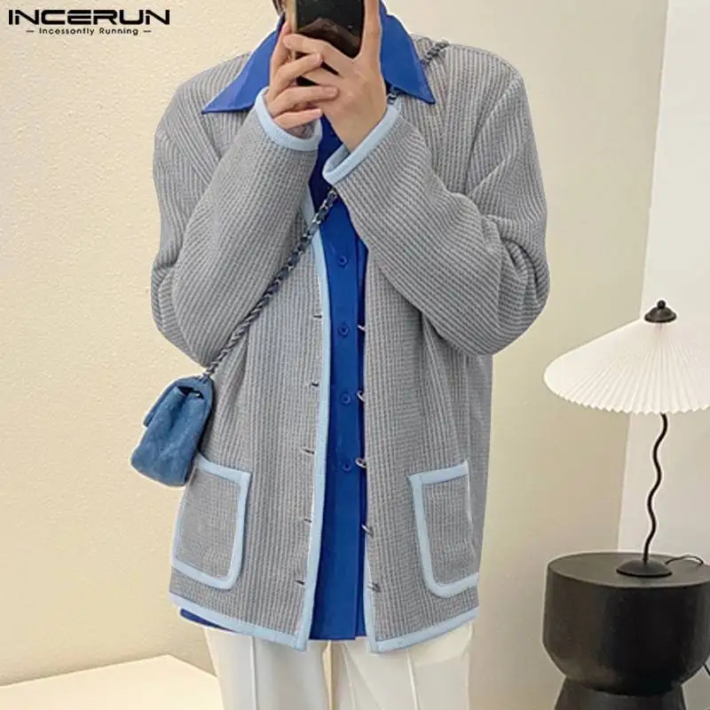 INCERUN 남성용 니트 가디건 블라우스, 패치워크 대비 질감 셔츠, 레저 스트리트웨어, 한국 스타일 상의, S-5XL, 2023