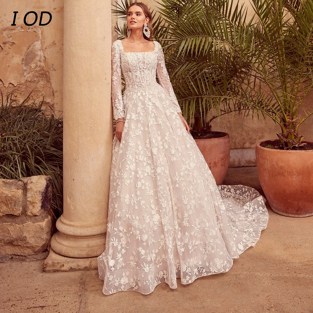 

I OD Exquisite A-Line Wedding Dress Square Collar Long Sleeves Lace Appliques Backless Bridal Gown Button Floor Length Vestidos