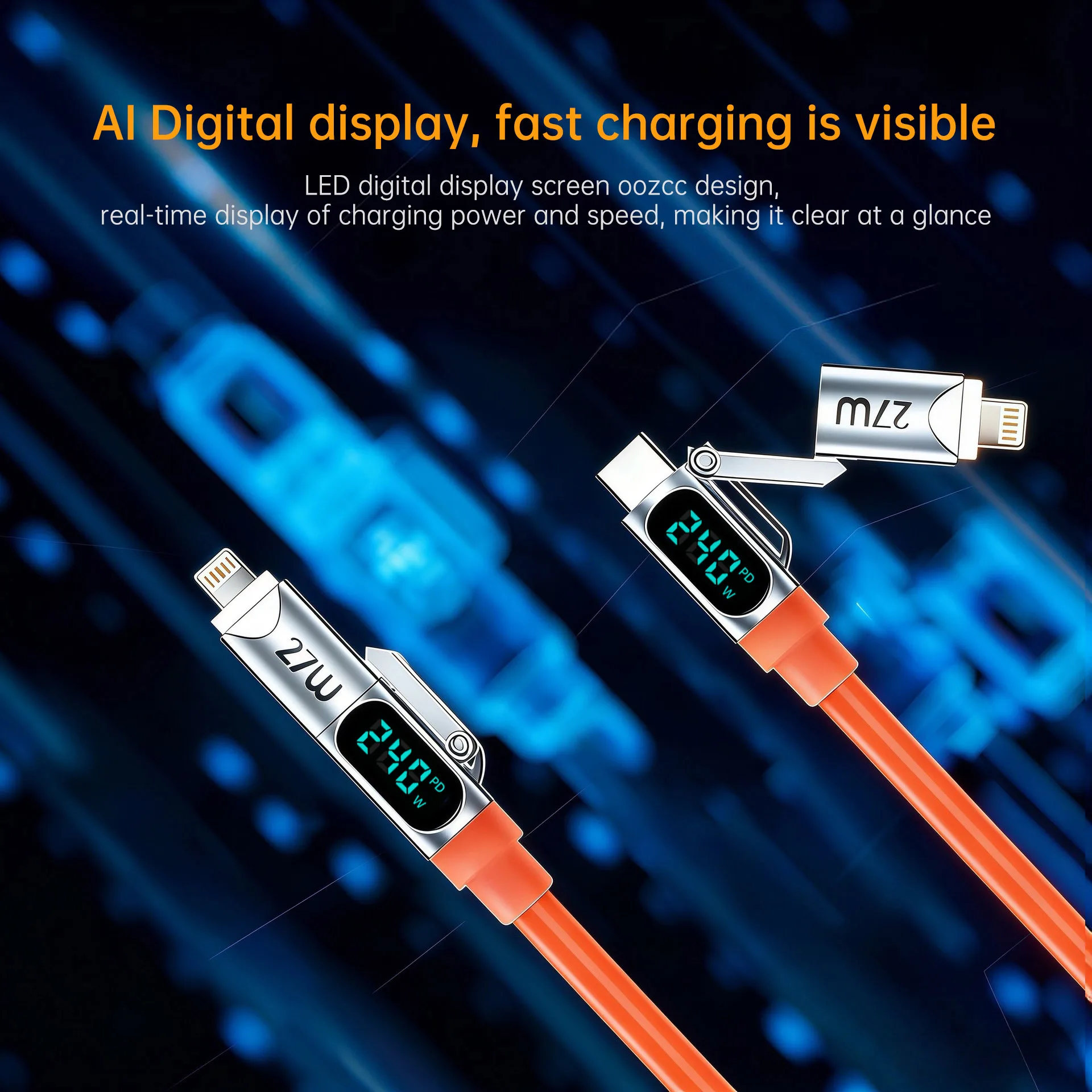 240W LCD 다이나믹 디스플레이 고속 충전 케이블 4 in 1 코일형, 타입 C 접이식 차량용 케이블 (아이폰 8-17, 삼성 갤럭시 S25/S24 호환)