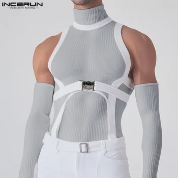 INCERUN 2025 Men T Shirts Patchwork Turtleneck Off Shoulder Long Sleeve Casual Men Clothing Streetwear Sexy Unisex Tee Tops 1