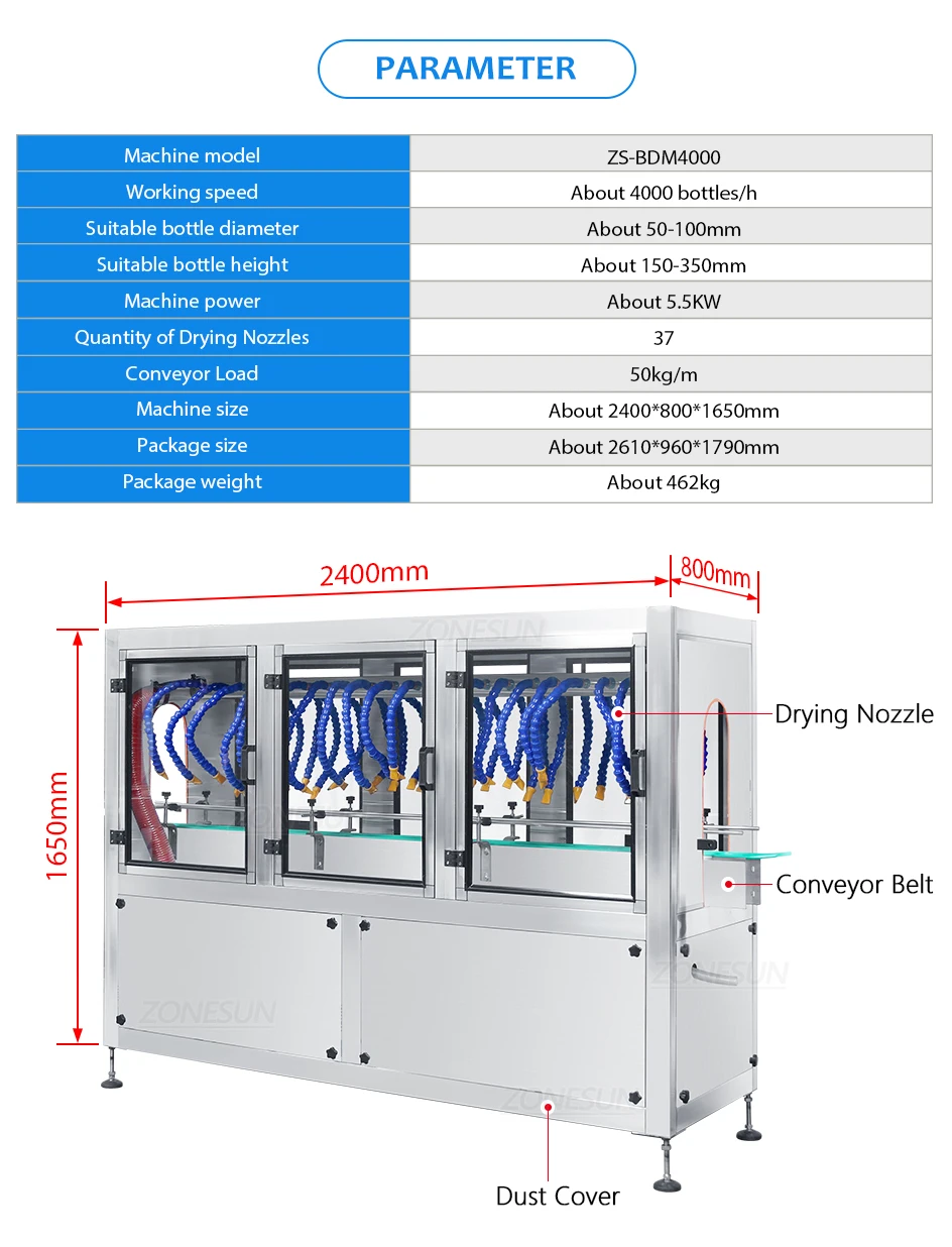 ZONESUN ZS-BDM4000 Máquina de limpeza e secagem de garrafas de vidro 