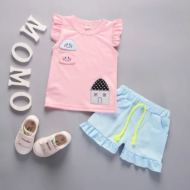 Summer Cute Cartoon 2PCS Kids Baby Girls Floral T-shirt Top Shorts Pants Set Clothes Girls Clothing Sets FangZi-pink