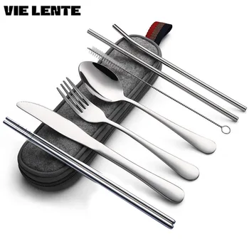8 Pz/set Stoviglie Riutilizzabili Set di Posate da Viaggio Set di Utensili da Campo con Cucchiaio Forchetta Bacchette in Acciaio Inossidabile Custodia Portatile in Paglia 1