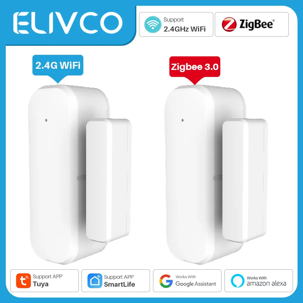 ELIVCO Tuya Smart Door Sensor WiFi Zigbee Door Window Open Closed Detector, smart home security alarm system Smart Life app control