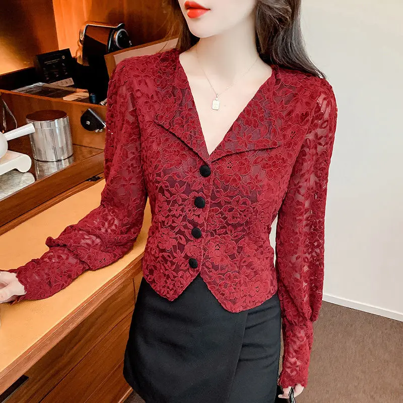 

high-end V-neck hollow red lace shirt women's design puff sleeves waist chic short top coats and jackets women